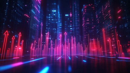 Digital image of red and blue waves with neon upward arrows, highlighting positive market trends on a dark financial graph.