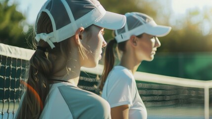 Obraz premium Women athletes engaged in tennis competition or training outdoors, emphasizing teamwork, strategy, and fitness in a motivating sports environment