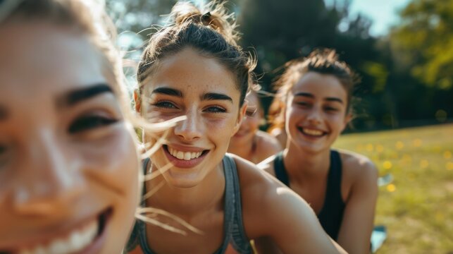 Friends enjoying a selfie while practicing yoga and meditation in a park, promoting fitness and well-being with smiles and readiness for stretching and pilates