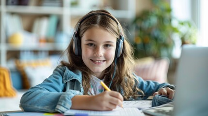 Child engaged in online learning with a laptop and headphones, focused on language skills and writing in a virtual classroom, enjoying audio technology for academic growth at home