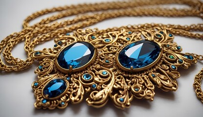 Golden Necklace with Sparkling Blue Gemstones on Textured Background