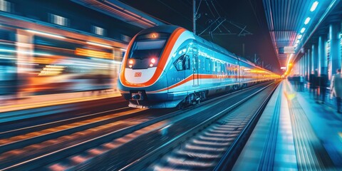 Night passenger train at a railway station for commercial transit. Advanced technology for fast, modern transportation in the economy and professional commuting sector