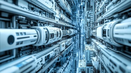 A futuristic view of interconnected structures resembling a high-tech transport system.