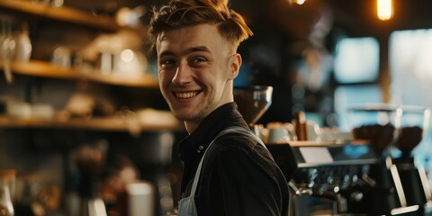 Fototapeta premium Happy and confident small business owner at a café counter, embodying success as a manager or leader in the hospitality industry