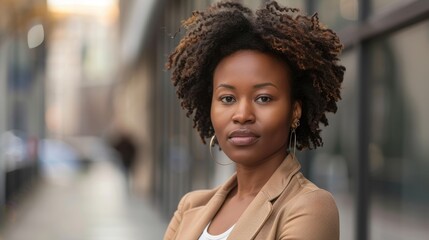 Professional portrait of a confident woman outdoors, representing leadership, empowerment, and entrepreneurship in a corporate setting