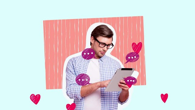 Motion collage video of happy man blogger surf ereader device receive like heart notification comment bubble 