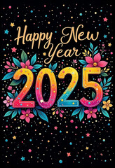 A colorful Happy New Year 2025 text with various flowers and confetti on a black background