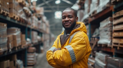 Fototapeta premium Confident portrait of a smiling man with arms crossed in a logistics or storage environment
