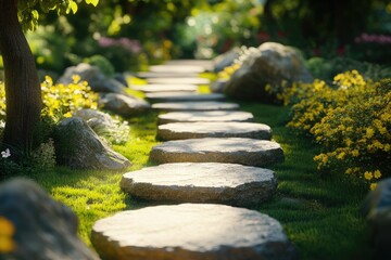 A pathway lined with stepping stones, each stone representing a milestone in the journey from concept to realization.