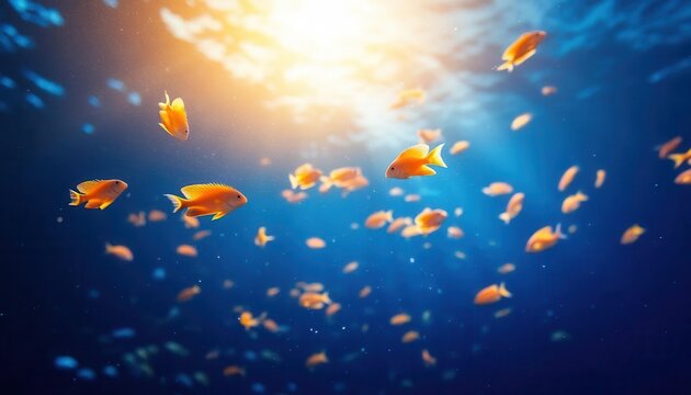 Schools of fish swimming with blank area for text, ocean graphic, vibrant marine life