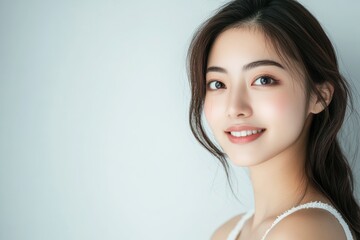 Fototapeta premium An Asian woman’s striking skin and confident pose highlight natural beauty and wellness, making her an excellent fit for cosmetic advertisements.