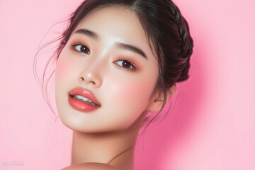 Fototapeta premium An Asian woman poses with impeccable skin against a pastel pink backdrop, reflecting skincare excellence and elegance in a commercial context.
