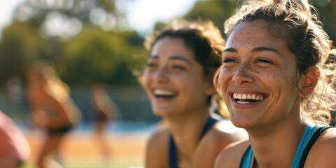 Friends bonding during fitness activities, enjoying a break from training or competition. Happy athletes strategizing and building teamwork