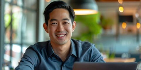 Fototapeta premium Portrait of a smiling man with a laptop, working as a financial advisor or analyst in a small business setting, focused on networking and digital marketing for a startup