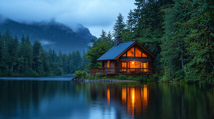 Fototapeta premium Cozy lakeside cabin with stunning view of mountains and serene water, surrounded by lush trees, creating peaceful retreat in nature