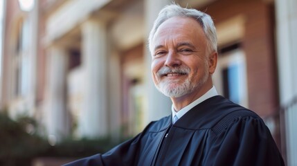 Portrait of a confident senior judge outside the courtroom during a break in a legal trial, embodying authority and the essence of justice