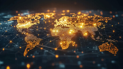 Dynamic digital world map emphasize Western Europe continental for AI powered global network connectivity big data transfer cyber technology network information exchange and telecommunication concept. © Pickoloh