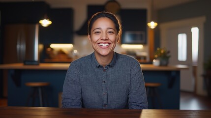 Fototapeta premium Smiling Woman Participating in Virtual Meeting from Cozy Home Kitchen