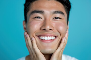Excited man smiling in a studio, celebrating success with a joyful expression and a sense of achievement