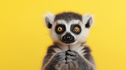 Cute Lemur with Big Eyes Staring on Bright Yellow Background