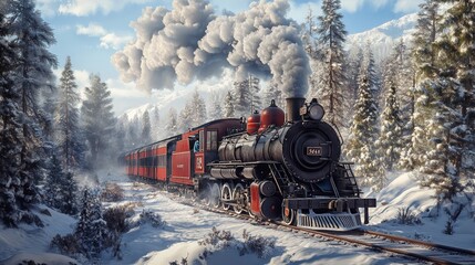 Fototapeta premium Classic Steam Locomotive Traveling Through Snowy Landscape in Winter