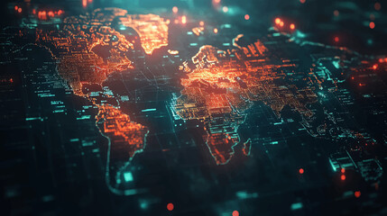 Dynamic digital world map emphasize Western Europe continental for AI powered global network connectivity big data transfer cyber technology network information exchange and telecommunication concept.