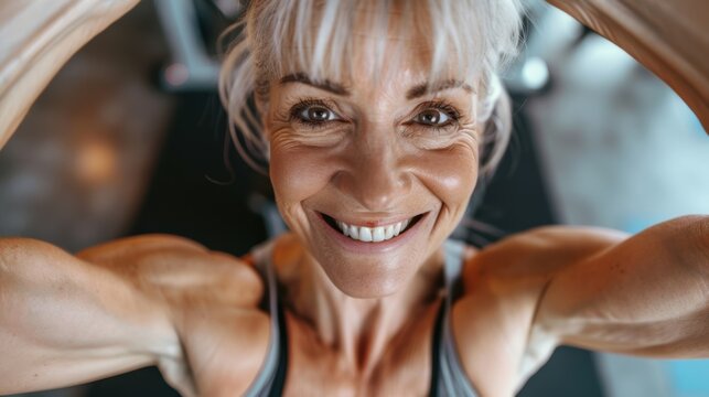 Elderly woman flexing and smiling for a selfie or profile picture during a workout. Cheerful portrait for fitness-related social media or vlog content