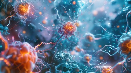 Obraz premium Microscopic View of Neural Cells with Glowing Synapses in a Futuristic Bio Science Design. Generative ai