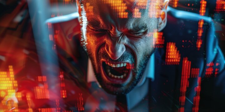 Frustrated professional dealing with a computer virus or error while working in an office, experiencing stress due to technology issues