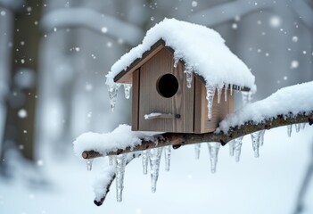 Fototapeta premium A snow-covered birdhouse hangs from a branch in a quiet winter forest with falling snowflakes