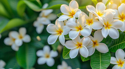Naklejka premium macro shot of Plumeria flowers showcasing their delicate white petals and vibrant yellow centers, surrounded by lush green leaves, evokes sense of tranquility and beauty