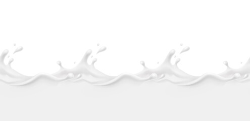Milk splash seamless pattern. 3d realistic yogurt wave border isolated on white background. Vector milky package design