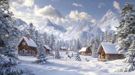 Snow-Covered Santa&rsquo;s Village Hidden in a Mountainous Winter Landscape at Night