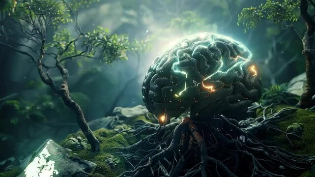 A brain is growing out of the ground in a forest. The brain is surrounded by green leaves and branches. The scene is dark and mysterious, with the brain appearing to be alive and growing