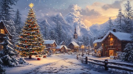 Fototapeta premium Snow-Covered Village with Christmas Tree at Twilight Surrounded by Mountains