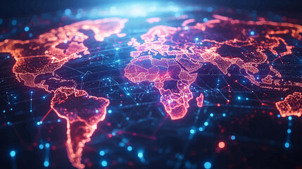 Dynamic digital world map emphasize Western Europe continental for AI powered global network connectivity big data transfer cyber technology network information exchange and telecommunication concept. © Pickoloh