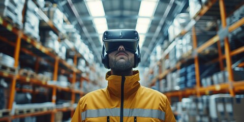 Virtual reality headset used for inventory management, digital checklists, and advanced stock control in a modern warehouse setting with augmented reality