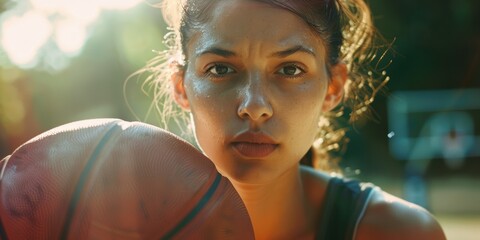 Confident athlete catches basketball, showcasing strength on the court. Portrait of a sporty woman enjoying her outdoor hobby and healthy weekend activity