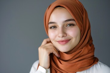 Fototapeta premium Portrait of a smiling woman in traditional attire showcasing beauty, skincare, and makeup against a neutral background, highlighting aesthetic wellness