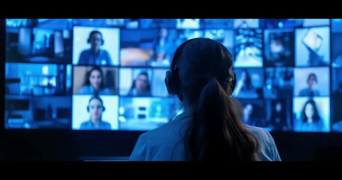 Woman attending a virtual meeting with multiple screens.