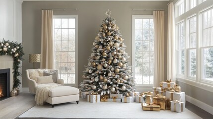 A Christmas Tree Decorated with Gold and White Ornaments Surrounded by Presents in a Living Room
