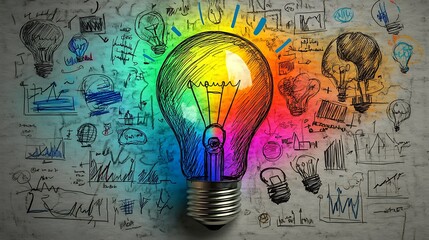 A brightly glowing light bulb with colorful accent