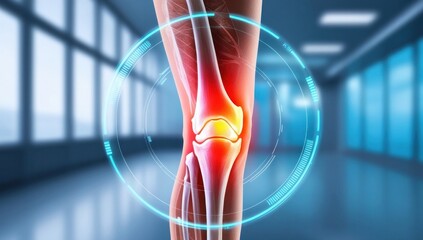x ray of knee showing knee pain. knee joint. Digital overlay in blue surrounds the joint, focus on diagnostics or orthopedic health