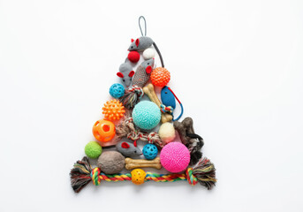 Christmas tree made of toys for cats and dogs: ropes, mice, bones and balls, on a white background. Top view