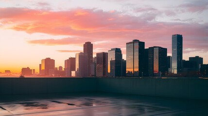 Fototapeta premium Sunrise over city skyline with wet ground and serene atmosphere