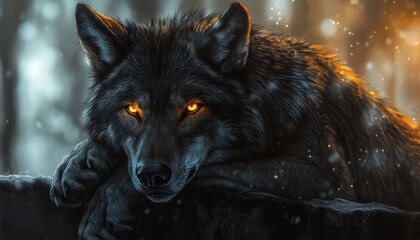 Fototapeta premium Dark-Themed Art of a Wolf with Glowing Eyes in a Shadowy Forest