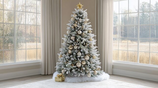 Decorated Snow-Flocked Christmas Tree in a Room with Windows