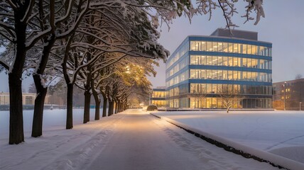 Obraz premium Snow-covered pathway to office building with warm glow and snowy landscape