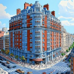 Fototapeta premium view of the large building on the corner of the street, multi-story and colorful, illustration
