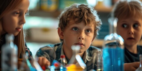Children collaborating in a classroom with science tools, engaging in experiments and discussions to enhance learning and problem-solving skills